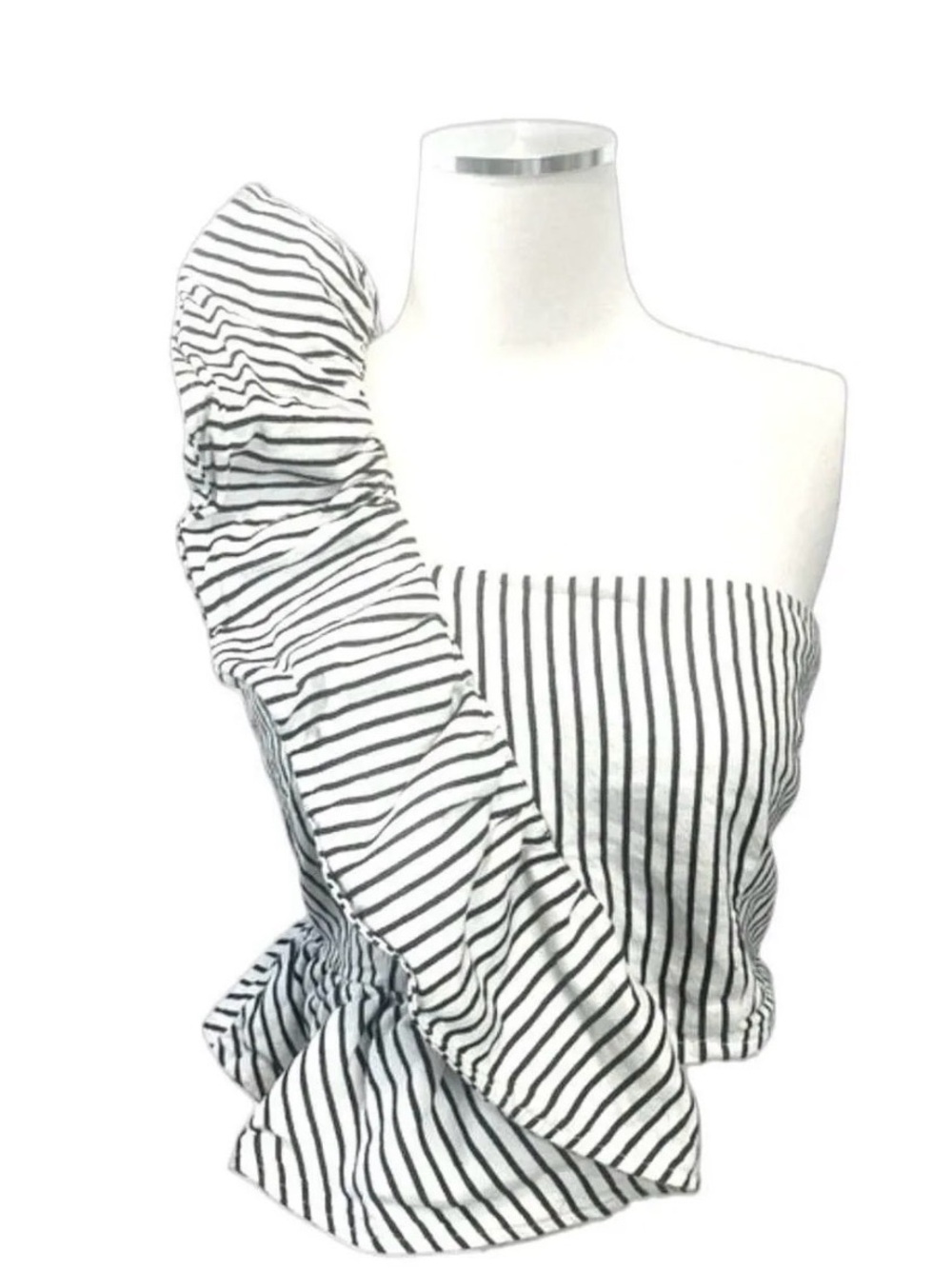 Striped One-Shoulder Ruffle Dress in Black & White